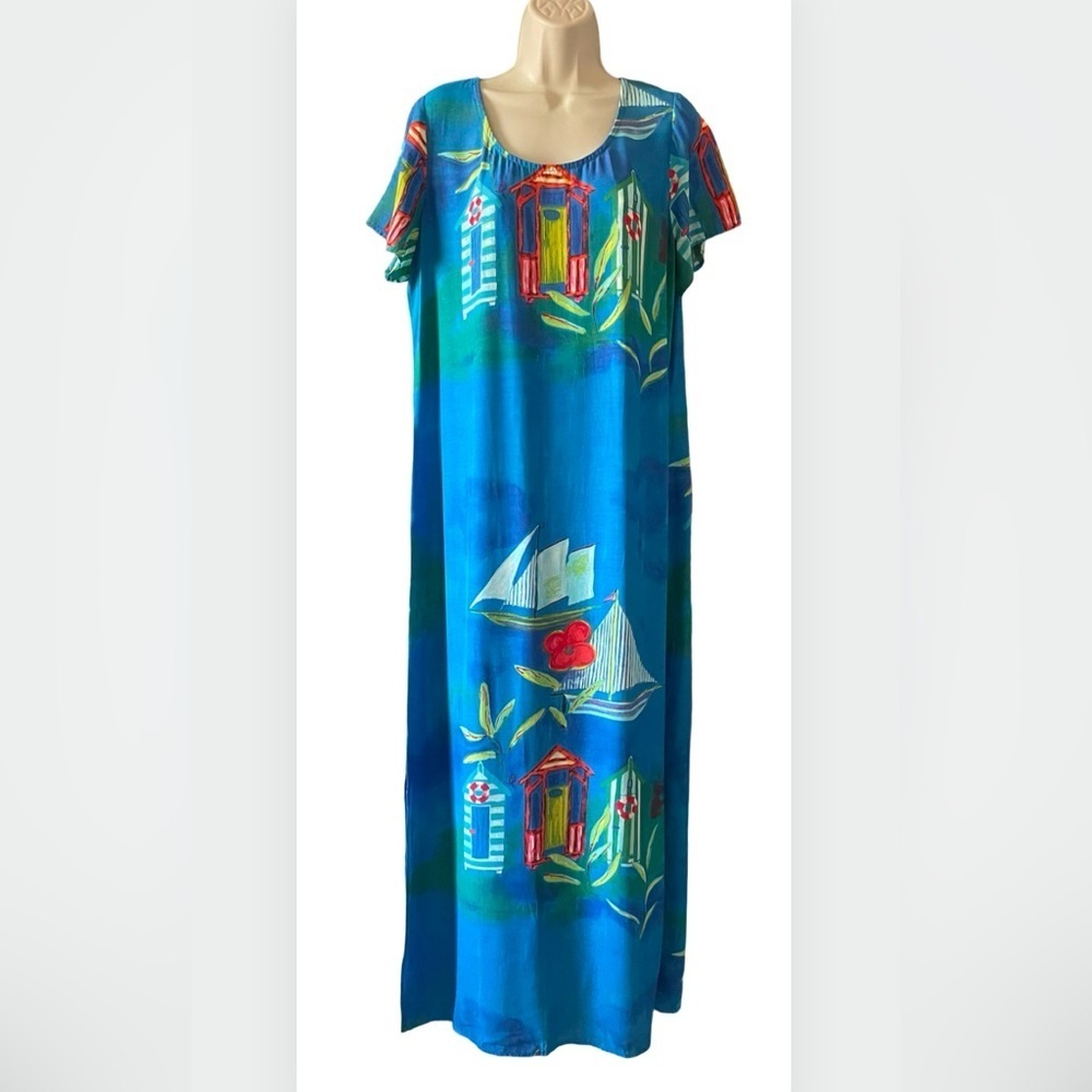 Earth Song Blue Tropical Print Short Sleeve Maxi Dress Size 12 Slits Vintage USA